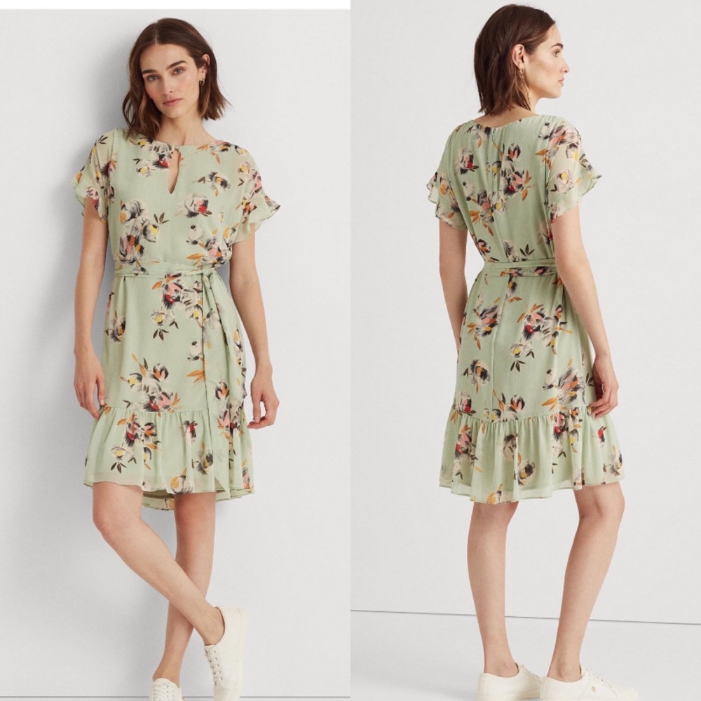 Lauren Ralph Lauren Green Floral Crinkled Georgette Dress